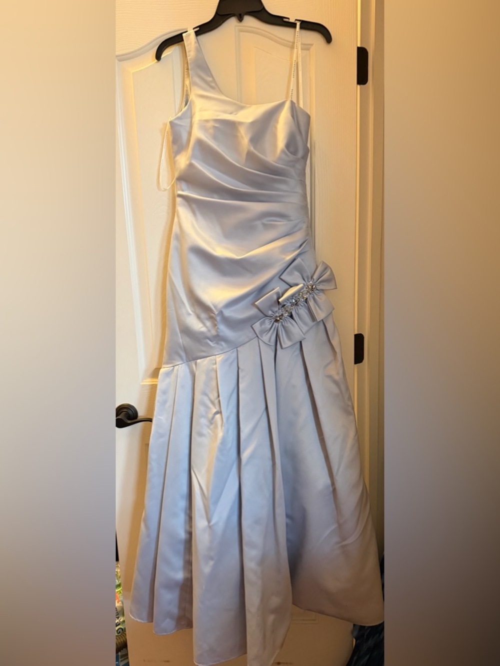 Light Blue Satin Formal Trumpet Gown with Bow Accent